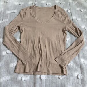 Women's Long Sleeve Round Neck Top - Beige Size M